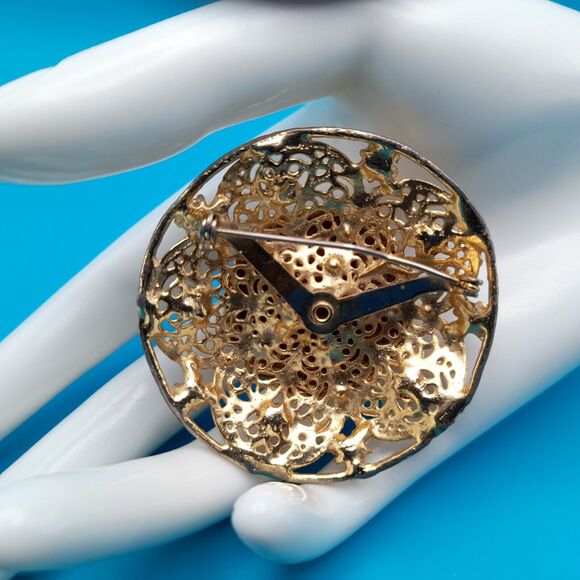 Vintage Round Topaz Glass Cabochon Rhinestones Brooch, Gold Tone Filigree - Picture 4 of 10